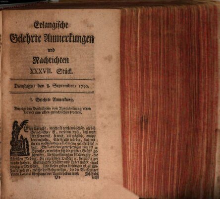 Erlangische gelehrte Anmerkungen und Nachrichten Dienstag 8. September 1750