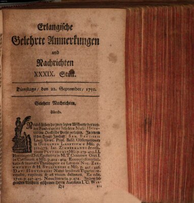 Erlangische gelehrte Anmerkungen und Nachrichten Dienstag 22. September 1750