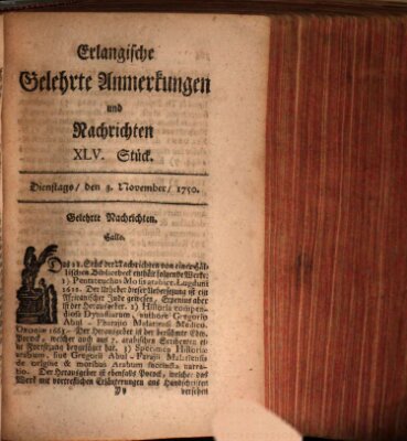 Erlangische gelehrte Anmerkungen und Nachrichten Dienstag 3. November 1750