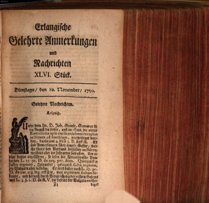 Erlangische gelehrte Anmerkungen und Nachrichten Dienstag 10. November 1750