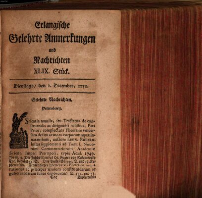 Erlangische gelehrte Anmerkungen und Nachrichten Dienstag 1. Dezember 1750