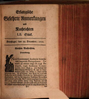 Erlangische gelehrte Anmerkungen und Nachrichten Dienstag 22. Dezember 1750