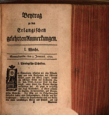 Erlangische gelehrte Anmerkungen und Nachrichten Samstag 3. Januar 1750