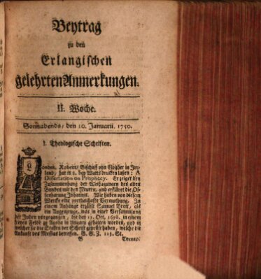 Erlangische gelehrte Anmerkungen und Nachrichten Samstag 10. Januar 1750