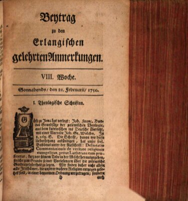 Erlangische gelehrte Anmerkungen und Nachrichten Samstag 21. Februar 1750