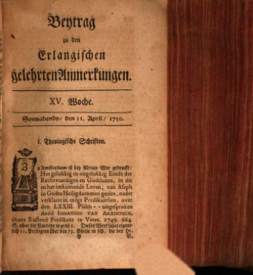 Erlangische gelehrte Anmerkungen und Nachrichten Samstag 11. April 1750