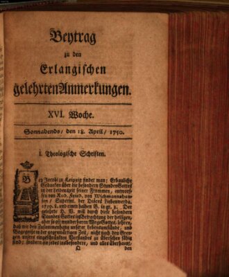 Erlangische gelehrte Anmerkungen und Nachrichten Samstag 18. April 1750