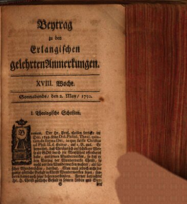 Erlangische gelehrte Anmerkungen und Nachrichten Samstag 2. Mai 1750