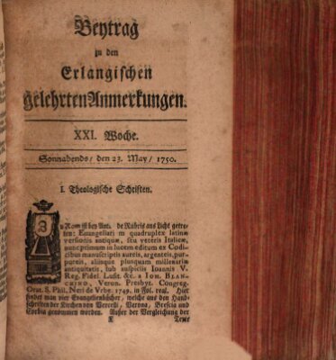 Erlangische gelehrte Anmerkungen und Nachrichten Samstag 23. Mai 1750