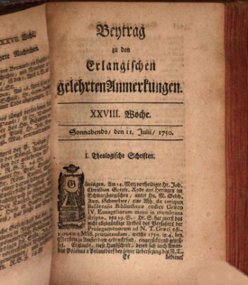 Erlangische gelehrte Anmerkungen und Nachrichten Samstag 11. Juli 1750