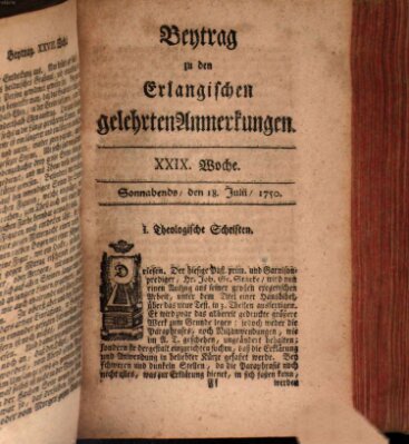 Erlangische gelehrte Anmerkungen und Nachrichten Samstag 18. Juli 1750