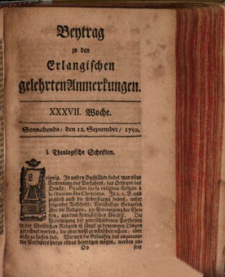 Erlangische gelehrte Anmerkungen und Nachrichten Samstag 12. September 1750