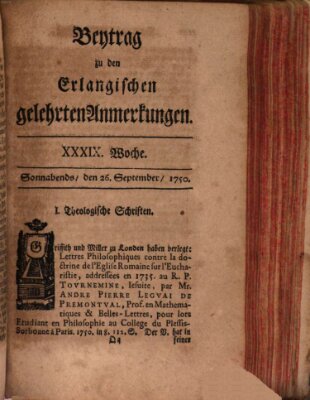 Erlangische gelehrte Anmerkungen und Nachrichten Samstag 26. September 1750