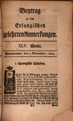 Erlangische gelehrte Anmerkungen und Nachrichten Samstag 7. November 1750