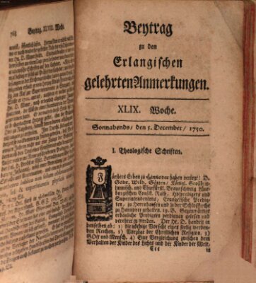 Erlangische gelehrte Anmerkungen und Nachrichten Samstag 5. Dezember 1750