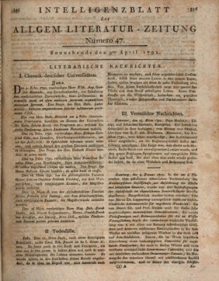 Allgemeine Literatur-Zeitung. Intelligenzblatt der Allg. Literaturzeitung : vom Jahre ... (Literarisches Zentralblatt für Deutschland) Samstag 9. April 1791