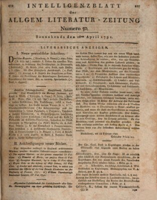 Allgemeine Literatur-Zeitung. Intelligenzblatt der Allg. Literaturzeitung : vom Jahre ... (Literarisches Zentralblatt für Deutschland) Samstag 16. April 1791