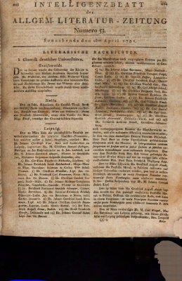 Allgemeine Literatur-Zeitung. Intelligenzblatt der Allg. Literaturzeitung : vom Jahre ... (Literarisches Zentralblatt für Deutschland) Samstag 23. April 1791