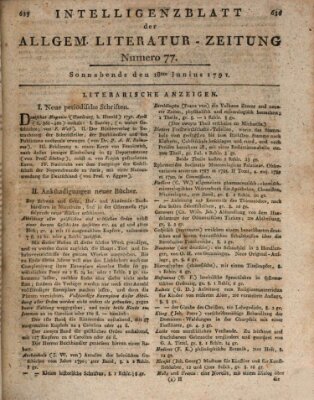 Allgemeine Literatur-Zeitung. Intelligenzblatt der Allg. Literaturzeitung : vom Jahre ... (Literarisches Zentralblatt für Deutschland) Samstag 18. Juni 1791