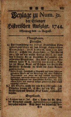 Kurzgefaßter Auszug der neuesten Weltgeschichte (Erlanger Real-Zeitung) Montag 10. August 1744