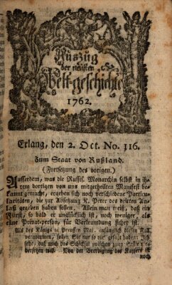 Auszug der neuesten Weltgeschichte (Erlanger Real-Zeitung) Samstag 2. Oktober 1762