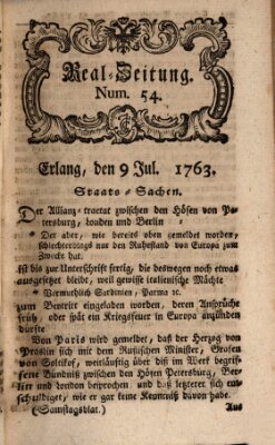 Real-Zeitung aufs Jahr ... das ist Auszug der neuesten Weltgeschichte (Erlanger Real-Zeitung) Samstag 9. Juli 1763