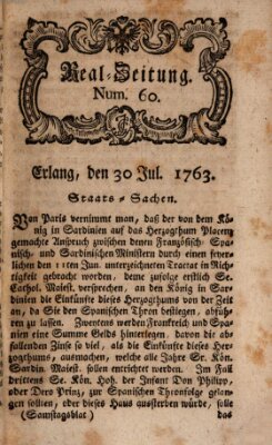 Real-Zeitung aufs Jahr ... das ist Auszug der neuesten Weltgeschichte (Erlanger Real-Zeitung) Samstag 30. Juli 1763