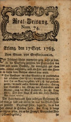 Real-Zeitung aufs Jahr ... das ist Auszug der neuesten Weltgeschichte (Erlanger Real-Zeitung) Samstag 17. September 1763