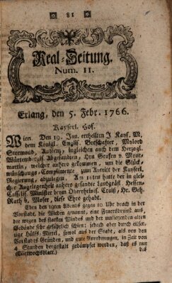 Real-Zeitung aufs Jahr ... das ist Auszug der neuesten Weltgeschichte (Erlanger Real-Zeitung) Mittwoch 5. Februar 1766