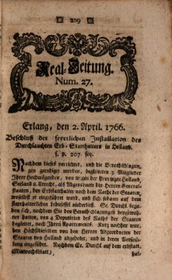 Real-Zeitung aufs Jahr ... das ist Auszug der neuesten Weltgeschichte (Erlanger Real-Zeitung) Mittwoch 2. April 1766