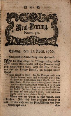 Real-Zeitung aufs Jahr ... das ist Auszug der neuesten Weltgeschichte (Erlanger Real-Zeitung) Samstag 12. April 1766