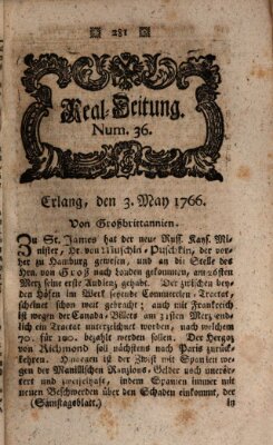 Real-Zeitung aufs Jahr ... das ist Auszug der neuesten Weltgeschichte (Erlanger Real-Zeitung) Samstag 3. Mai 1766