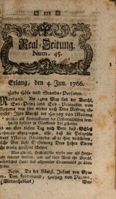 Real-Zeitung aufs Jahr ... das ist Auszug der neuesten Weltgeschichte (Erlanger Real-Zeitung) Mittwoch 4. Juni 1766