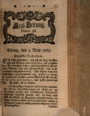 Real-Zeitung aufs Jahr ... das ist Auszug der neuesten Weltgeschichte (Erlanger Real-Zeitung) Samstag 2. Mai 1767