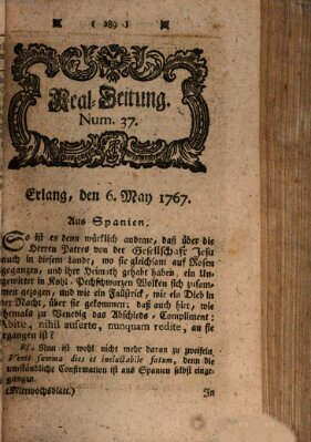 Real-Zeitung aufs Jahr ... das ist Auszug der neuesten Weltgeschichte (Erlanger Real-Zeitung) Mittwoch 6. Mai 1767