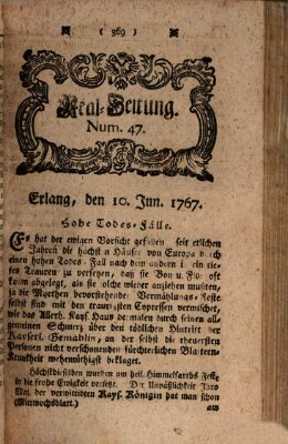 Real-Zeitung aufs Jahr ... das ist Auszug der neuesten Weltgeschichte (Erlanger Real-Zeitung) Mittwoch 10. Juni 1767