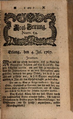 Real-Zeitung aufs Jahr ... das ist Auszug der neuesten Weltgeschichte (Erlanger Real-Zeitung) Samstag 4. Juli 1767