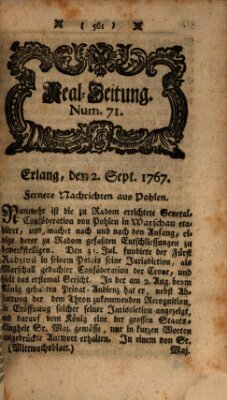 Real-Zeitung aufs Jahr ... das ist Auszug der neuesten Weltgeschichte (Erlanger Real-Zeitung) Mittwoch 2. September 1767