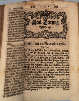 Real-Zeitung aufs Jahr ... das ist Auszug der neuesten Weltgeschichte (Erlanger Real-Zeitung) Samstag 12. November 1768