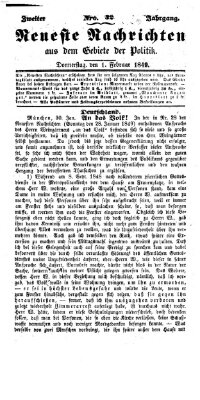 Neueste Nachrichten aus dem Gebiete der Politik (Münchner neueste Nachrichten) Donnerstag 1. Februar 1849