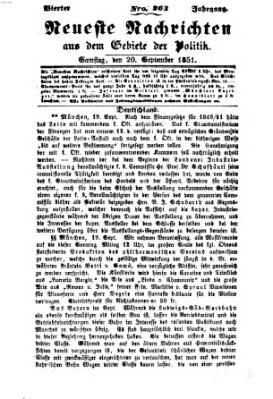 Neueste Nachrichten aus dem Gebiete der Politik (Münchner neueste Nachrichten) Samstag 20. September 1851