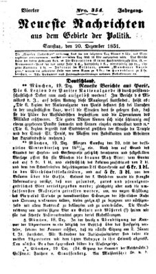 Neueste Nachrichten aus dem Gebiete der Politik (Münchner neueste Nachrichten) Samstag 20. Dezember 1851