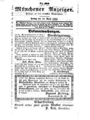 Neueste Nachrichten aus dem Gebiete der Politik (Münchner neueste Nachrichten) Freitag 14. April 1854