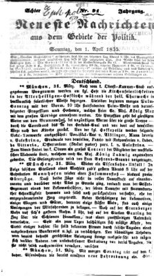 Neueste Nachrichten aus dem Gebiete der Politik (Münchner neueste Nachrichten) Sonntag 1. April 1855