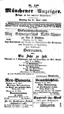 Neueste Nachrichten aus dem Gebiete der Politik (Münchner neueste Nachrichten) Samstag 21. April 1855