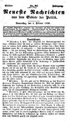 Neueste Nachrichten aus dem Gebiete der Politik (Münchner neueste Nachrichten) Donnerstag 4. Februar 1858