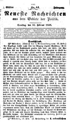 Neueste Nachrichten aus dem Gebiete der Politik (Münchner neueste Nachrichten) Samstag 20. Februar 1858