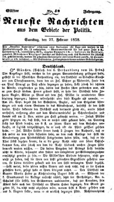 Neueste Nachrichten aus dem Gebiete der Politik (Münchner neueste Nachrichten) Samstag 27. Februar 1858