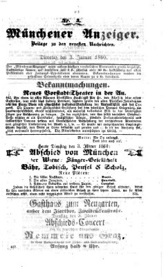 Münchener Anzeiger (Münchner neueste Nachrichten) Dienstag 3. Januar 1860