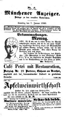 Münchener Anzeiger (Münchner neueste Nachrichten) Samstag 7. Januar 1860